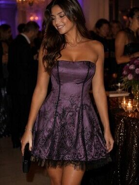 Marina Vtg Y2k Whimsigoth A-line Tulle Beaded Sequind Strapless Cocktail Dress